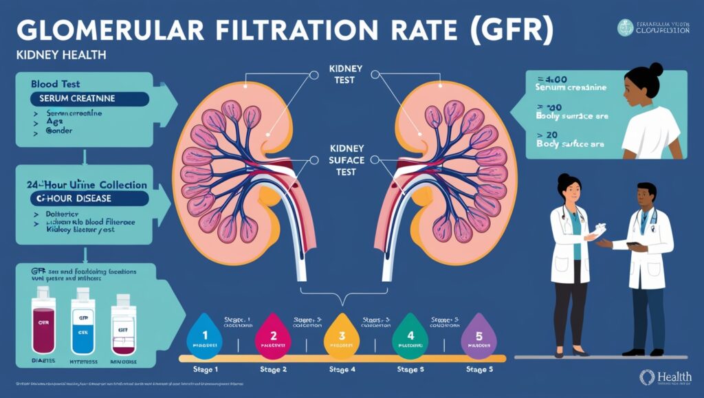 Infographic illustrating the Glomerular Filtration Rate (GFR) test, showing kidney function, blood test, urine collection, and stages of kidney disease.