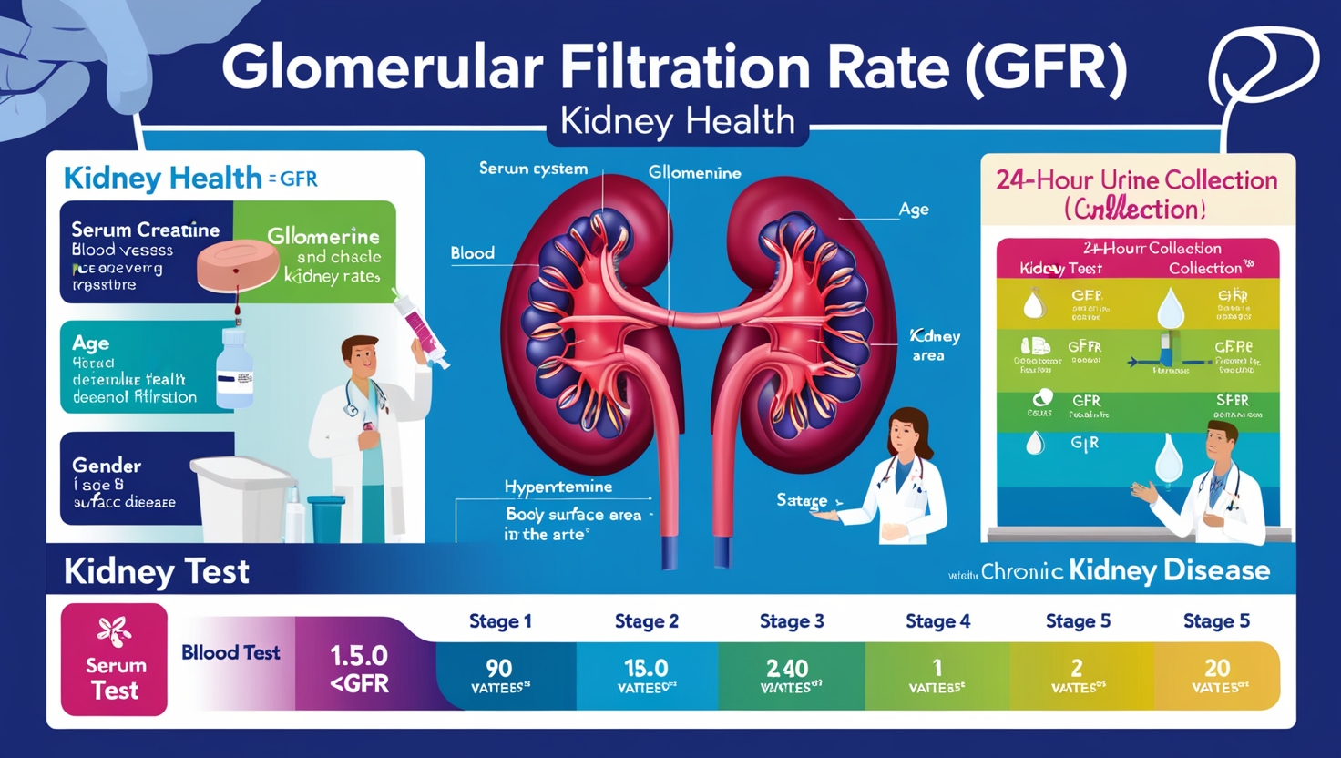 Infographic on the GFR test showing kidney function, blood test, urine collection, and kidney disease stages.