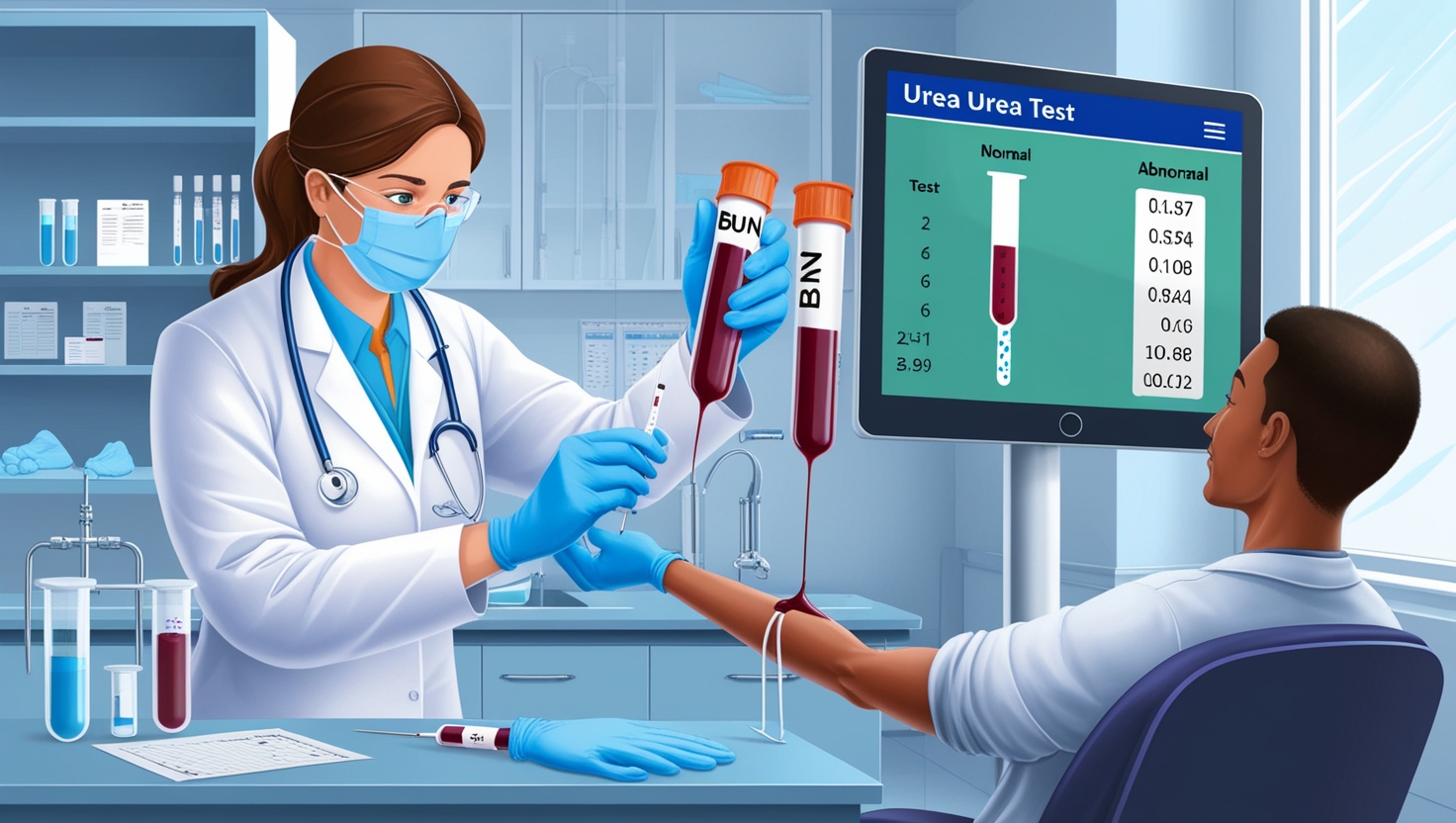 Healthcare provider collecting a blood sample for a urea test in a clean and organized laboratory setting.
