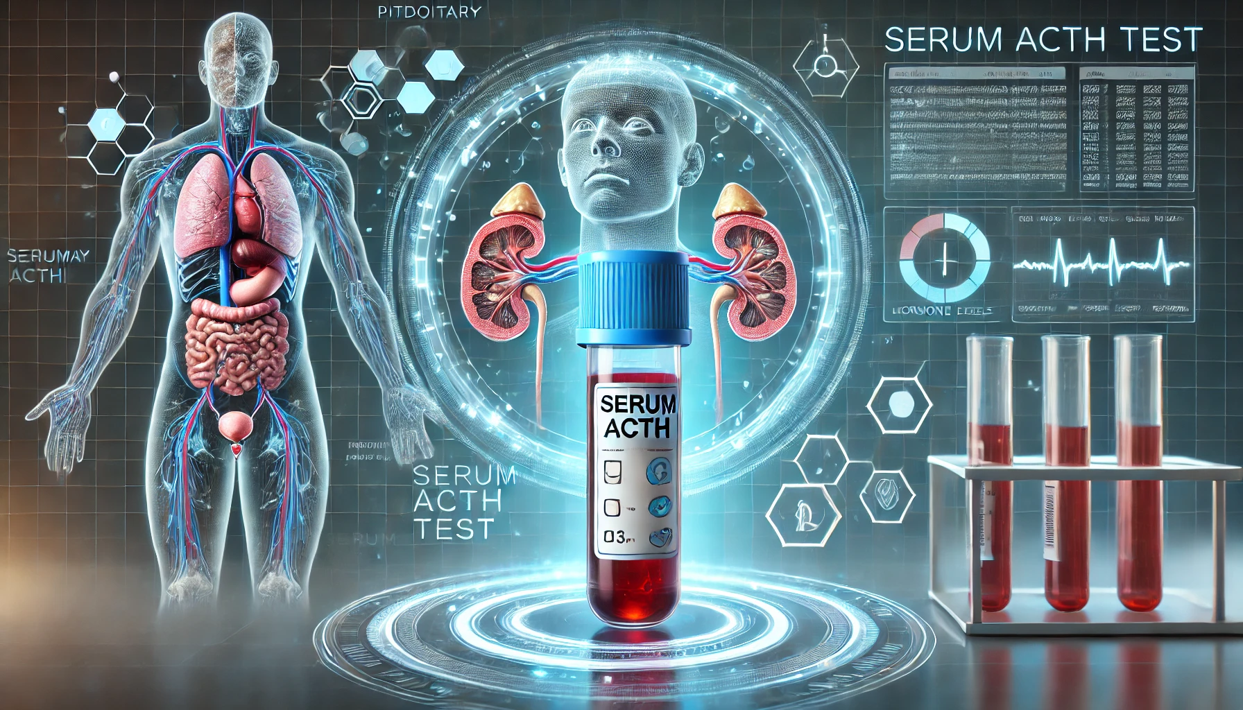 A professional medical-themed illustration depicting the Serum ACTH test, showing a healthcare professional drawing blood from a patient, with adrenal and pituitary gland graphics highlighting hormone regulation.