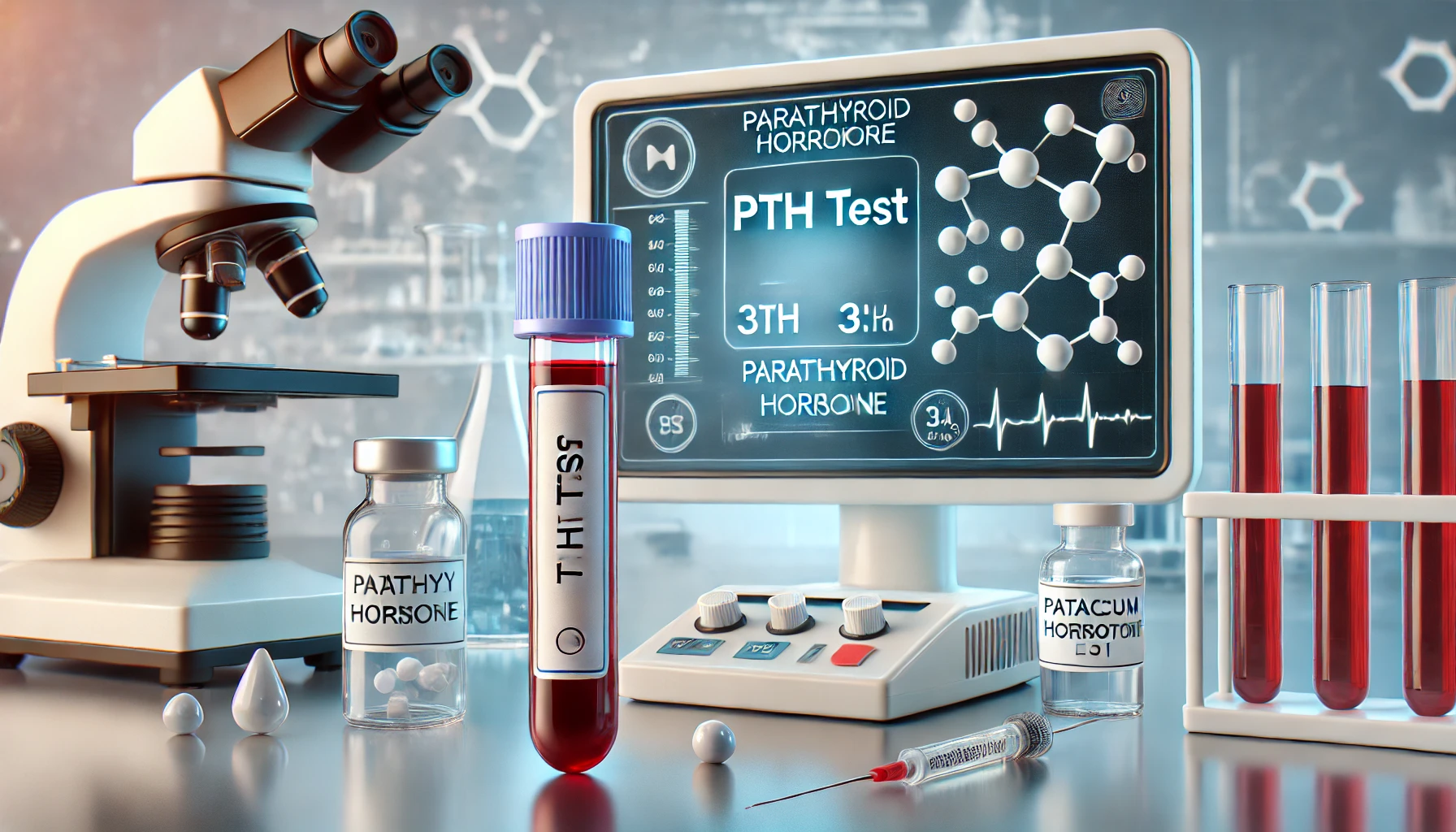A professional medical laboratory with a blood test tube labeled 'PTH Test' and scientific equipment in the background.