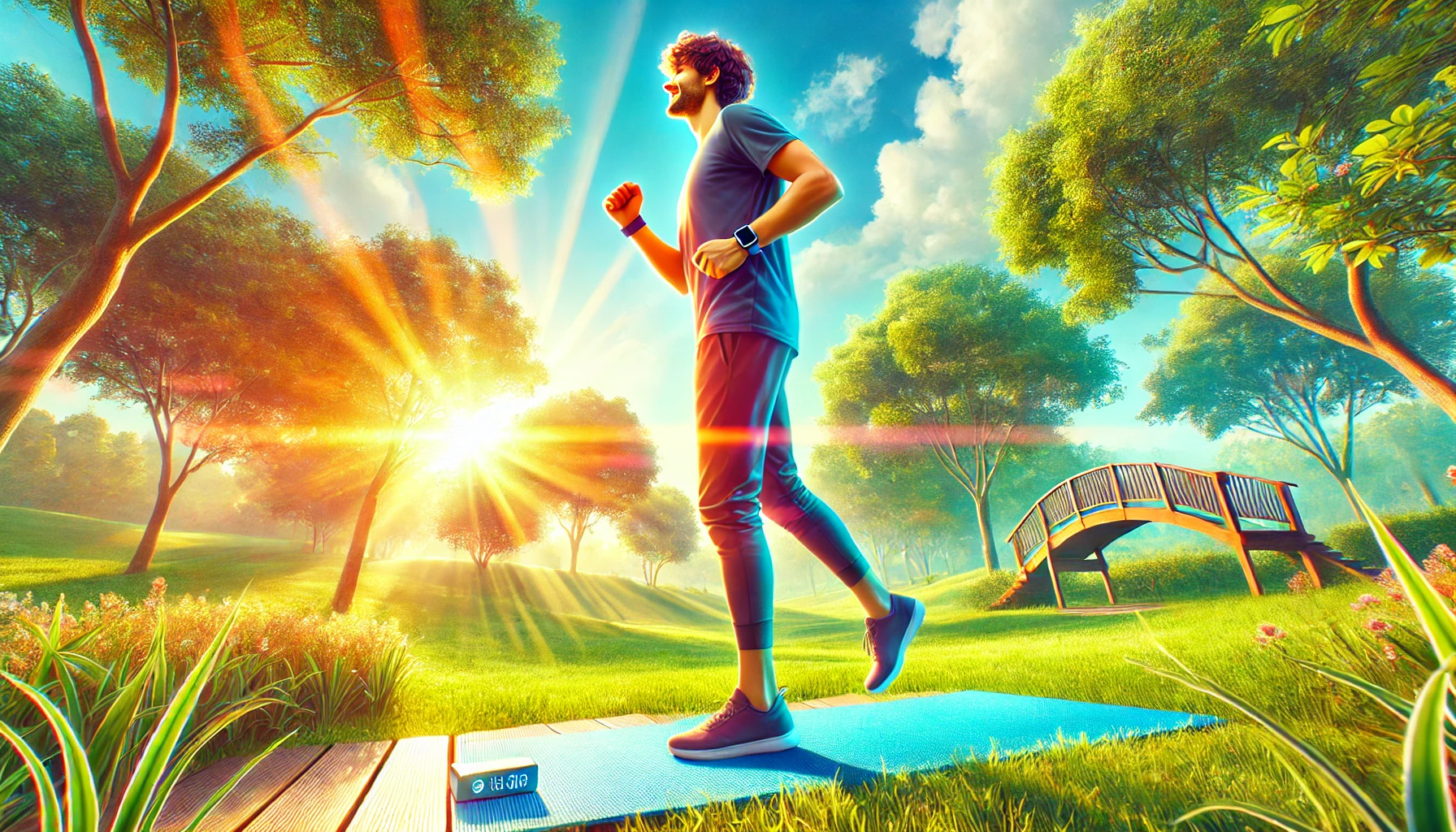 A person stretching in a park during sunrise, surrounded by lush greenery, symbolizing daily movement and an active lifestyle.