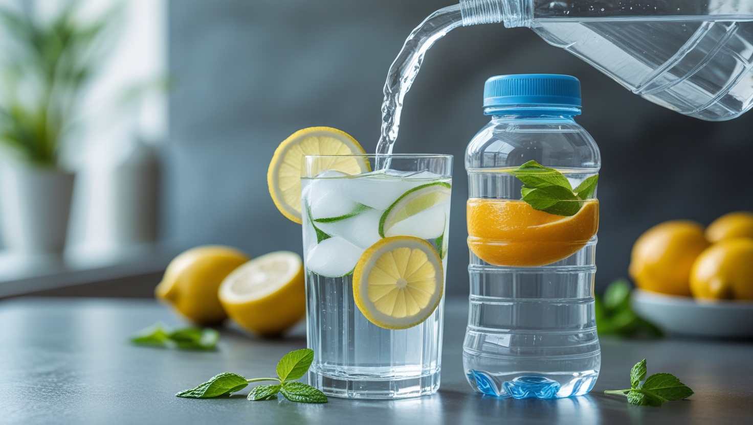 A refreshing glass of water with lemon slices on a wooden table, accompanied by a water bottle, symbolizing hydration and a healthy lifestyle.