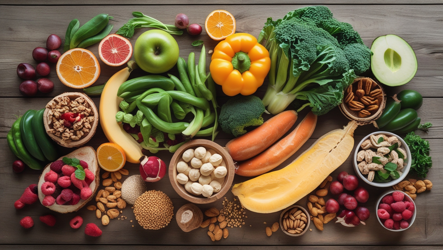 A colorful plate filled with fresh fruits, vegetables, lean proteins, and whole grains, symbolizing a balanced and nutritious diet.