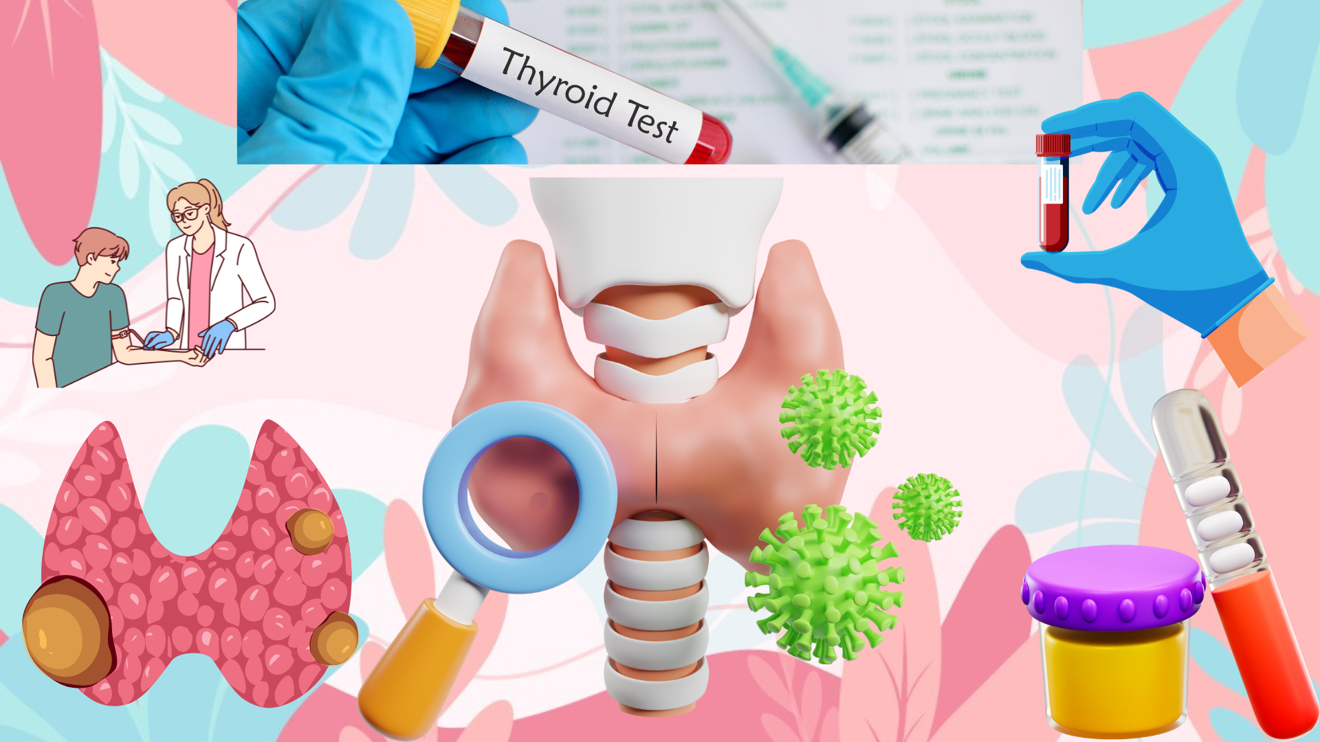 A close-up of a lab technician holding a blood sample tube labeled "TSH Test" with a thyroid anatomy diagram in the background.