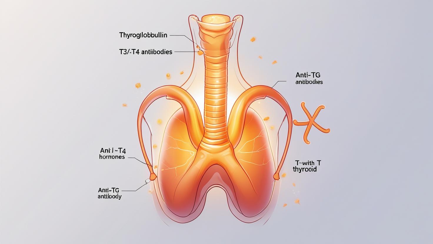3D medical illustration of the human neck with thyroid gland and magnified inset showing thyroglobulin molecules storing iodine for T3 and T4 production.