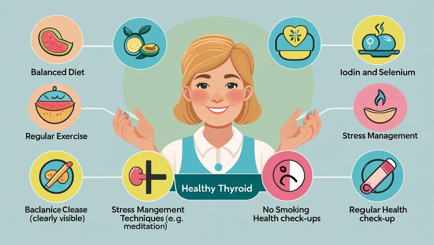 Infographic with icons for balanced diet, exercise, stress management, no smoking, and regular check-ups for thyroid health.