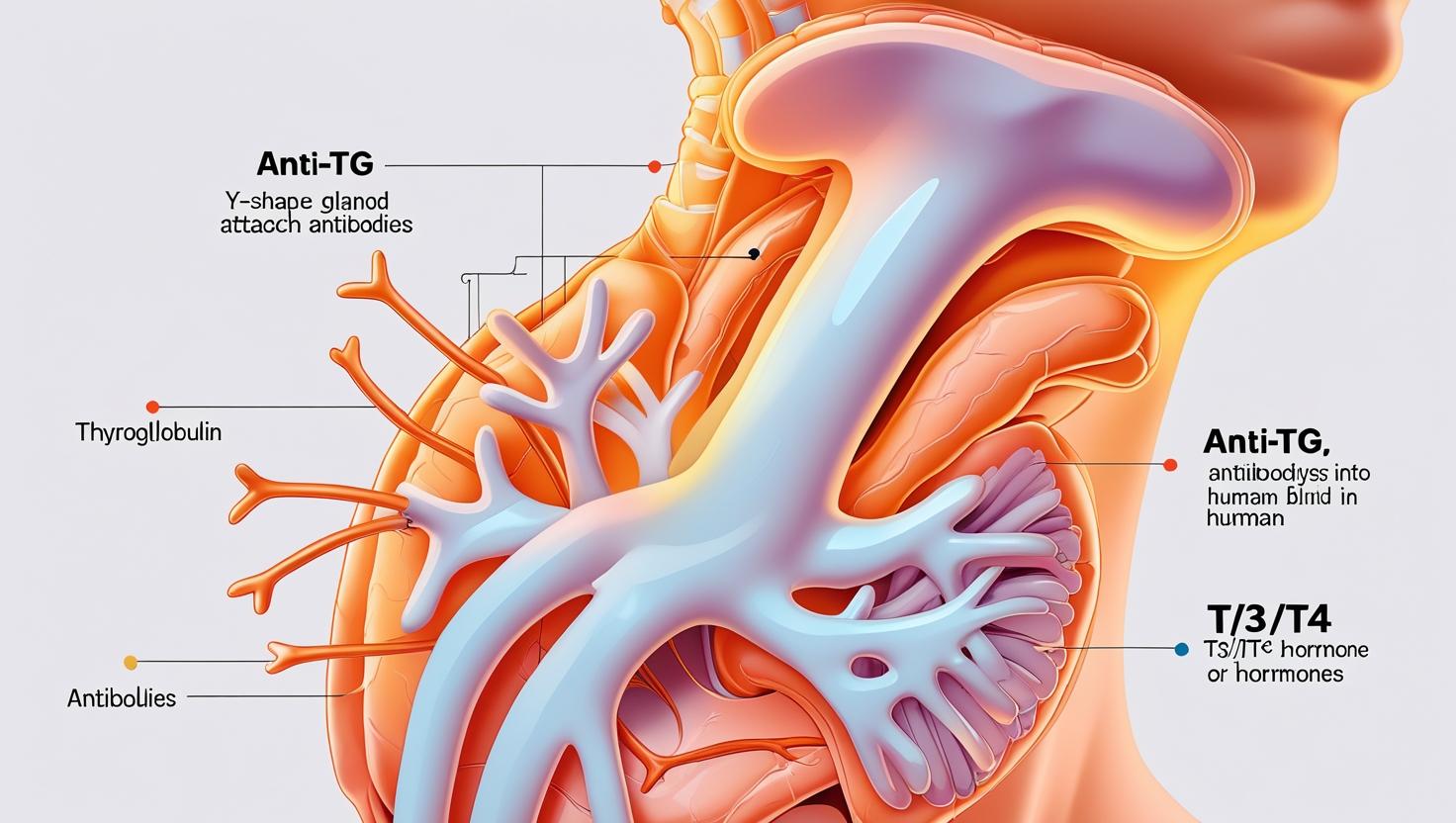 3D illustration of thyroid gland with inset showing thyroglobulin storing iodine for T3 and T4.