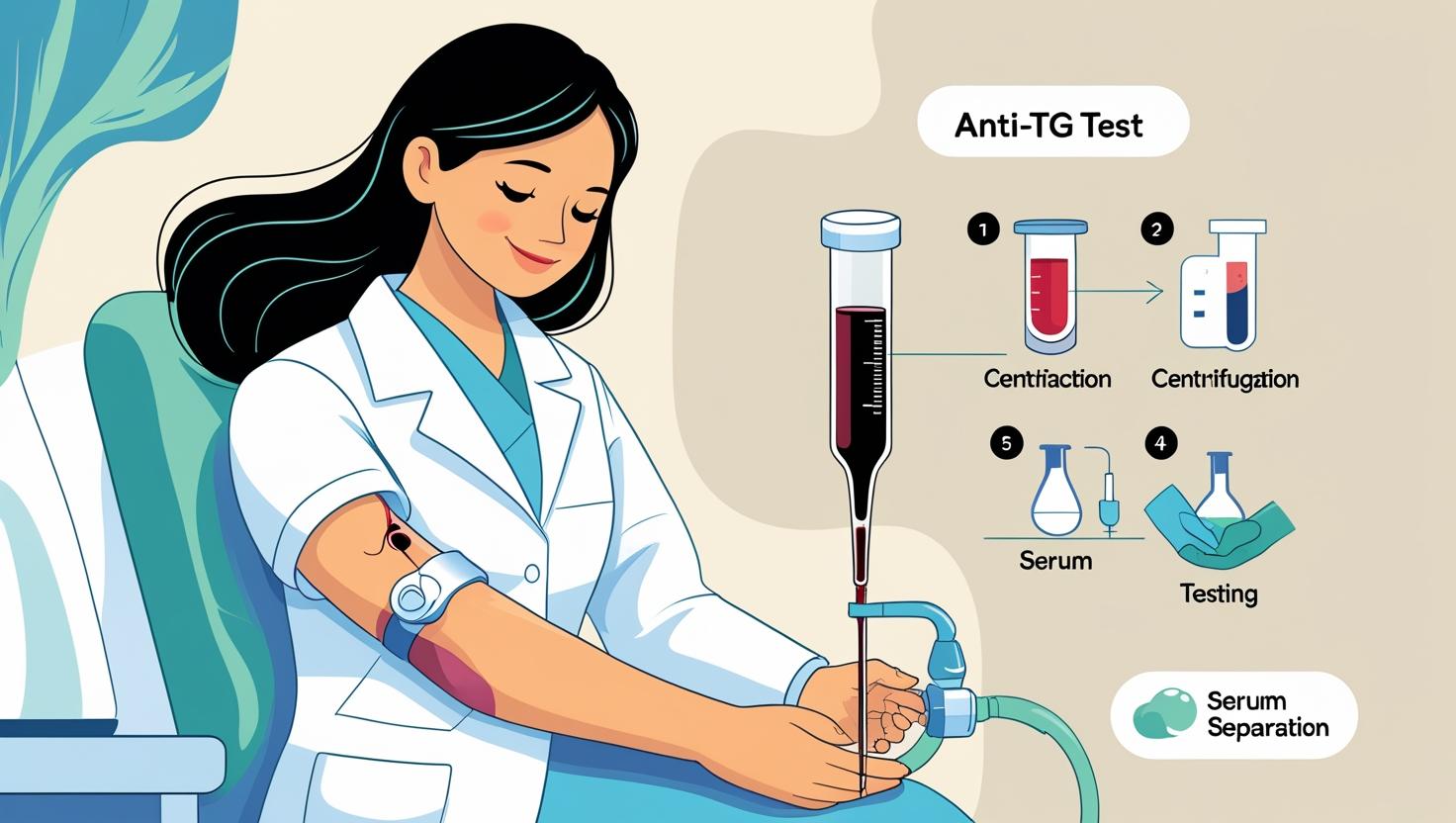 Nurse drawing blood with test tube labeled Anti-TG Test and lab analysis icons.