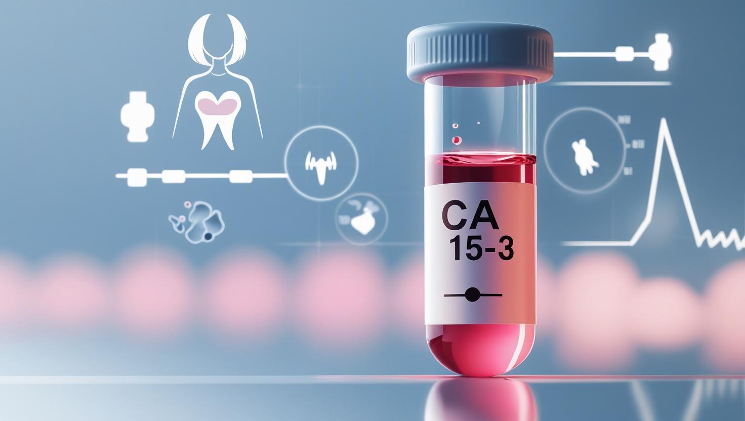 Blood test tube labeled CA 15-3 with icons of breast, cancer cells, and medical charts in background, illustrating breast cancer monitoring.