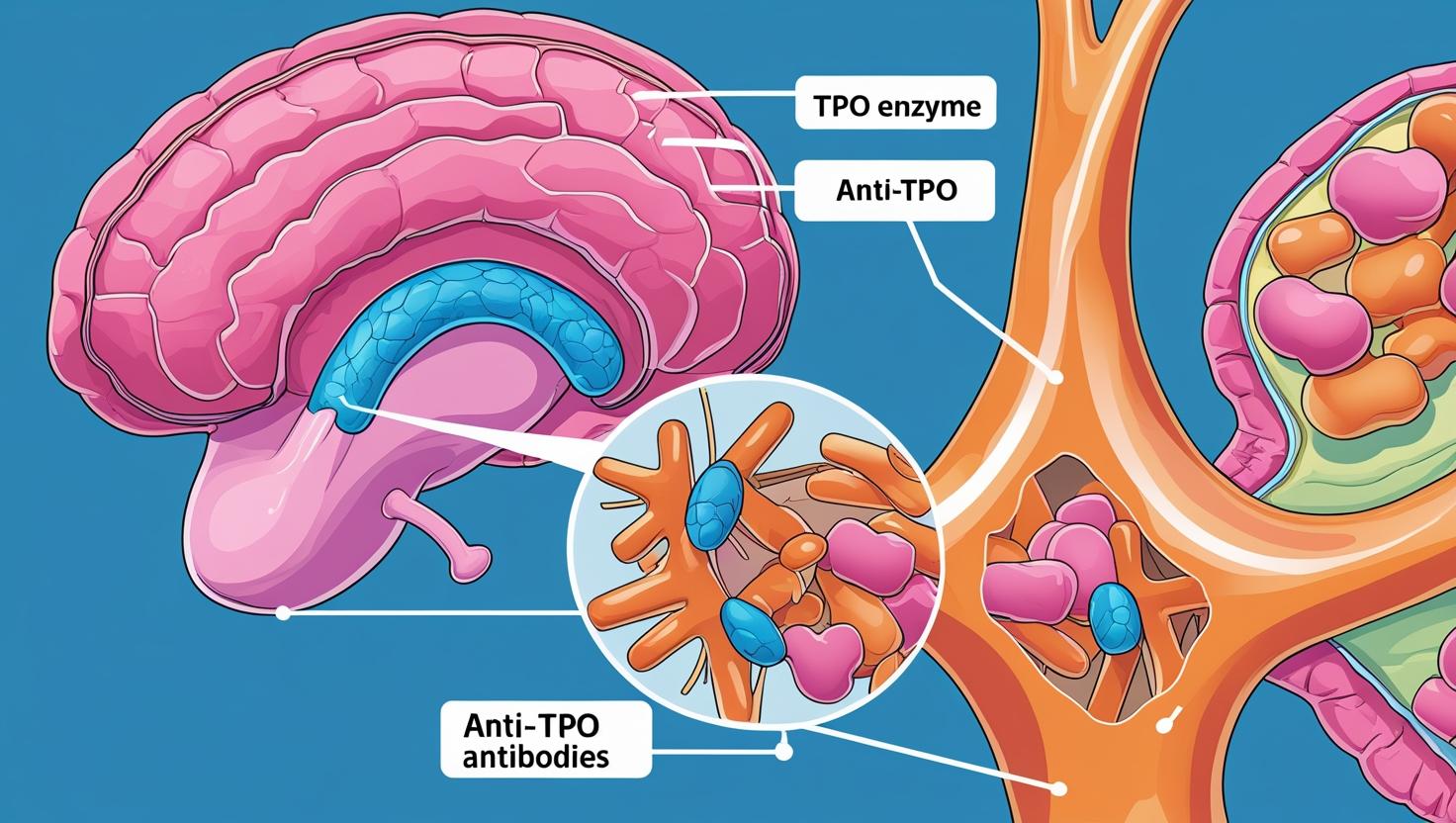Infographic of thyroid gland with zoomed-in view showing Anti-TPO antibodies attacking thyroid peroxidase enzyme.