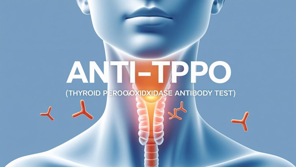 Medical illustration of Anti-TPO test showing thyroid gland with antibodies attacking thyroid peroxidase enzyme, infographic-style.
