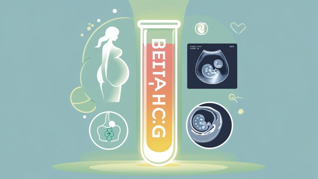 Professional medical illustration of a glowing test tube labeled Beta-hCG with icons of pregnancy, fertility, ultrasound, and embryo development in the background.