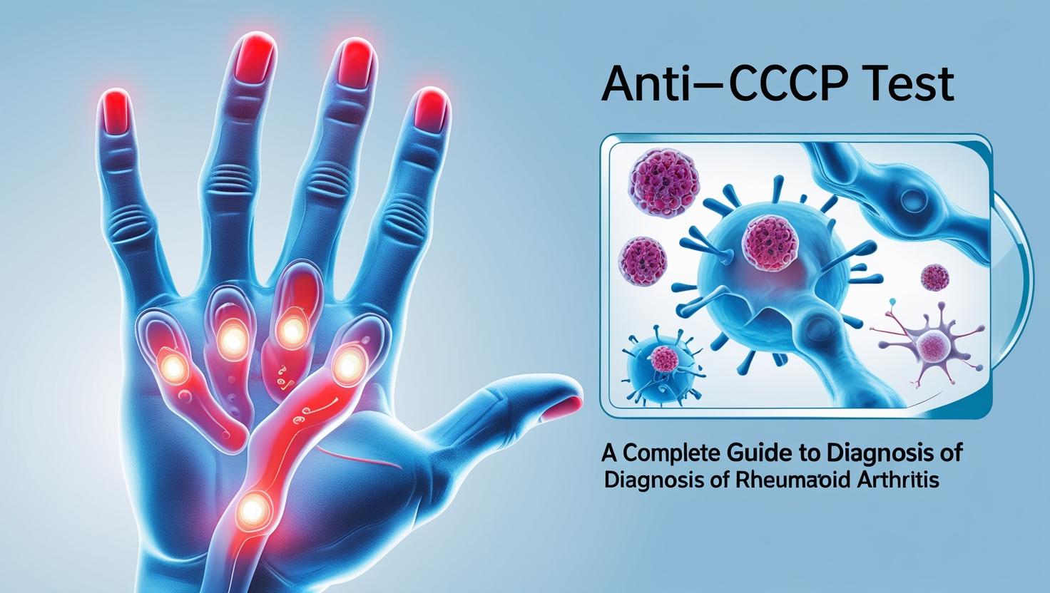 3D hand with inflamed joints and Anti-CCP antibodies, symbolizing rheumatoid arthritis.