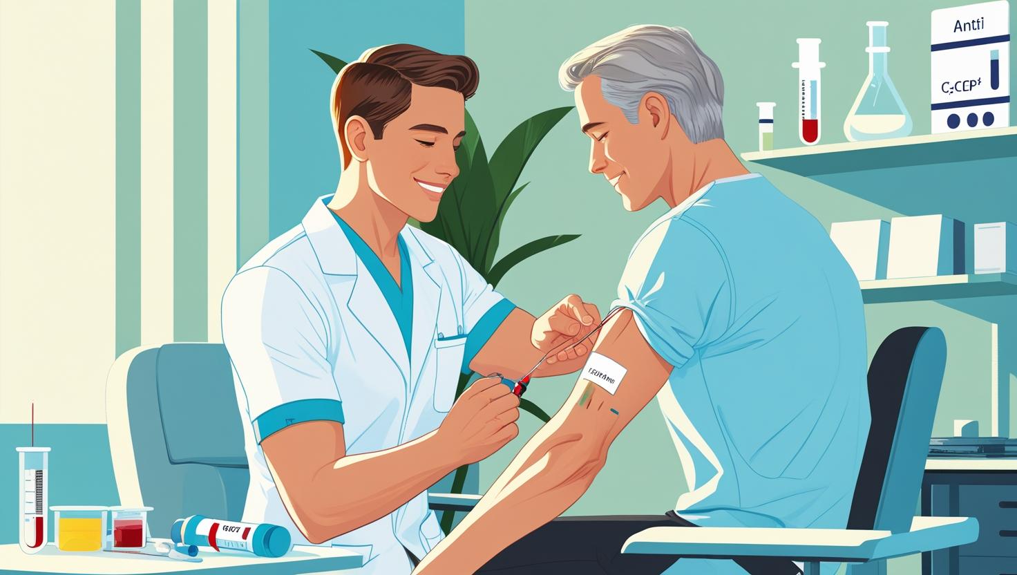 Nurse drawing blood for Anti-CCP test with lab icons showing centrifuge, ELISA plate, and microscope.