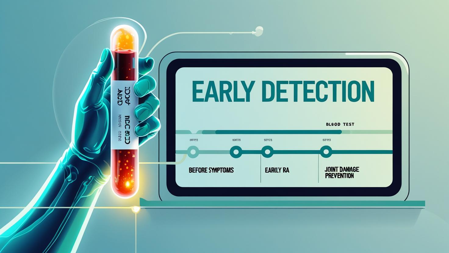 Futuristic Anti-CCP test tube with digital screen showing early RA detection timeline.