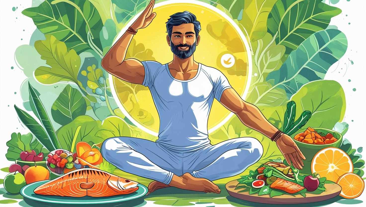 Patient doing yoga, eating healthy food, avoiding smoking with a glowing healthy joints icon.