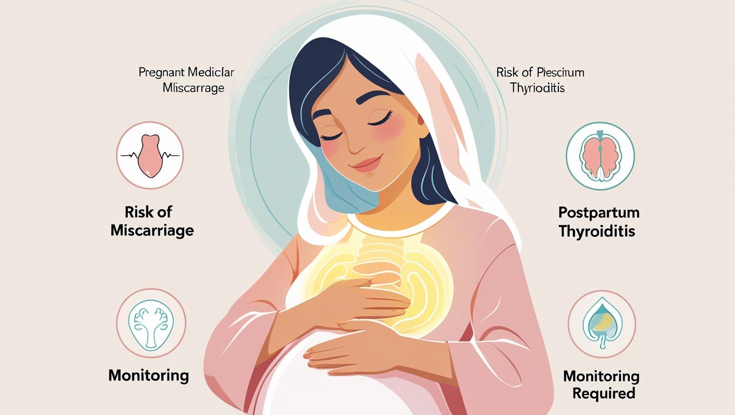 Illustration of a pregnant woman with glowing thyroid gland and icons showing risks associated with Anti-TPO antibodies.