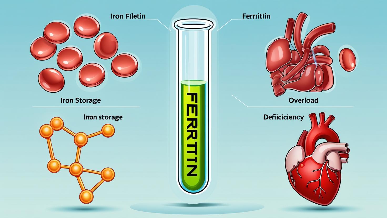 Ferritin blood test illustration showing iron storage, deficiency, and overload with red blood cells and organs