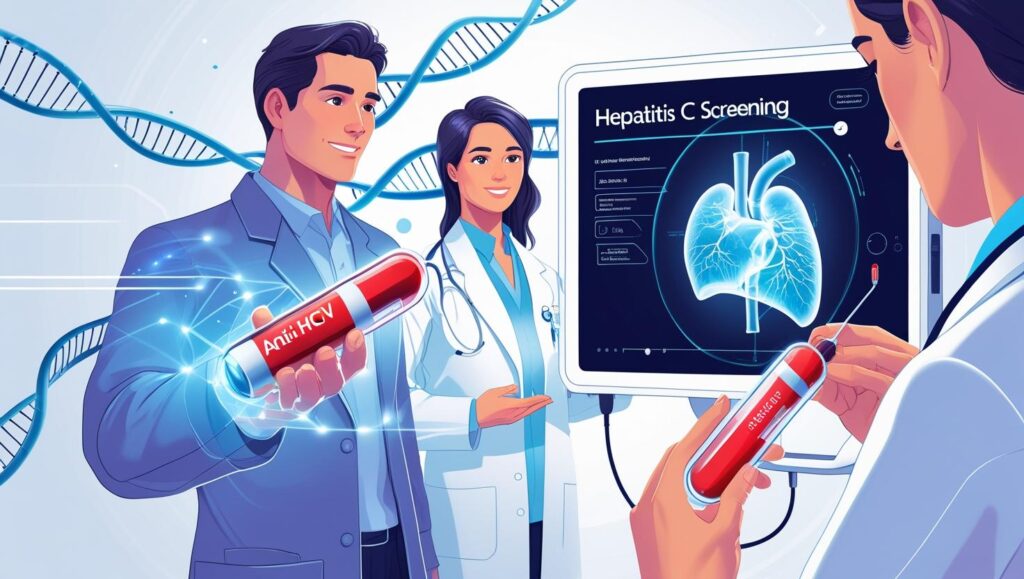 Modern medical illustration of Anti-HCV blood test tube connected to a digital screen showing “Hepatitis C Screening,” with liver hologram, doctor, nurse, and DNA strands.
