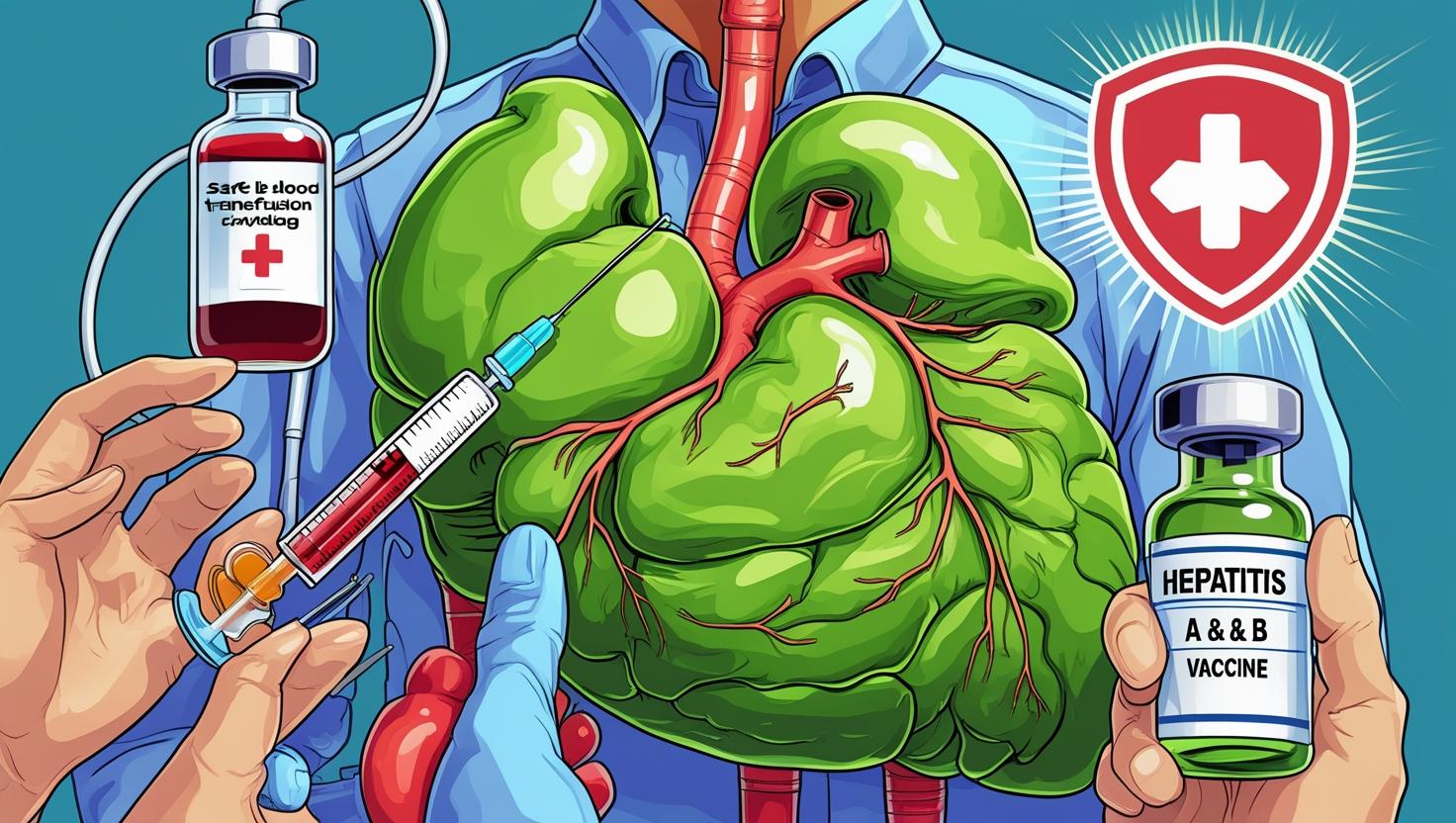 Lifestyle illustration promoting hepatitis C prevention with health icons and healthy liver.