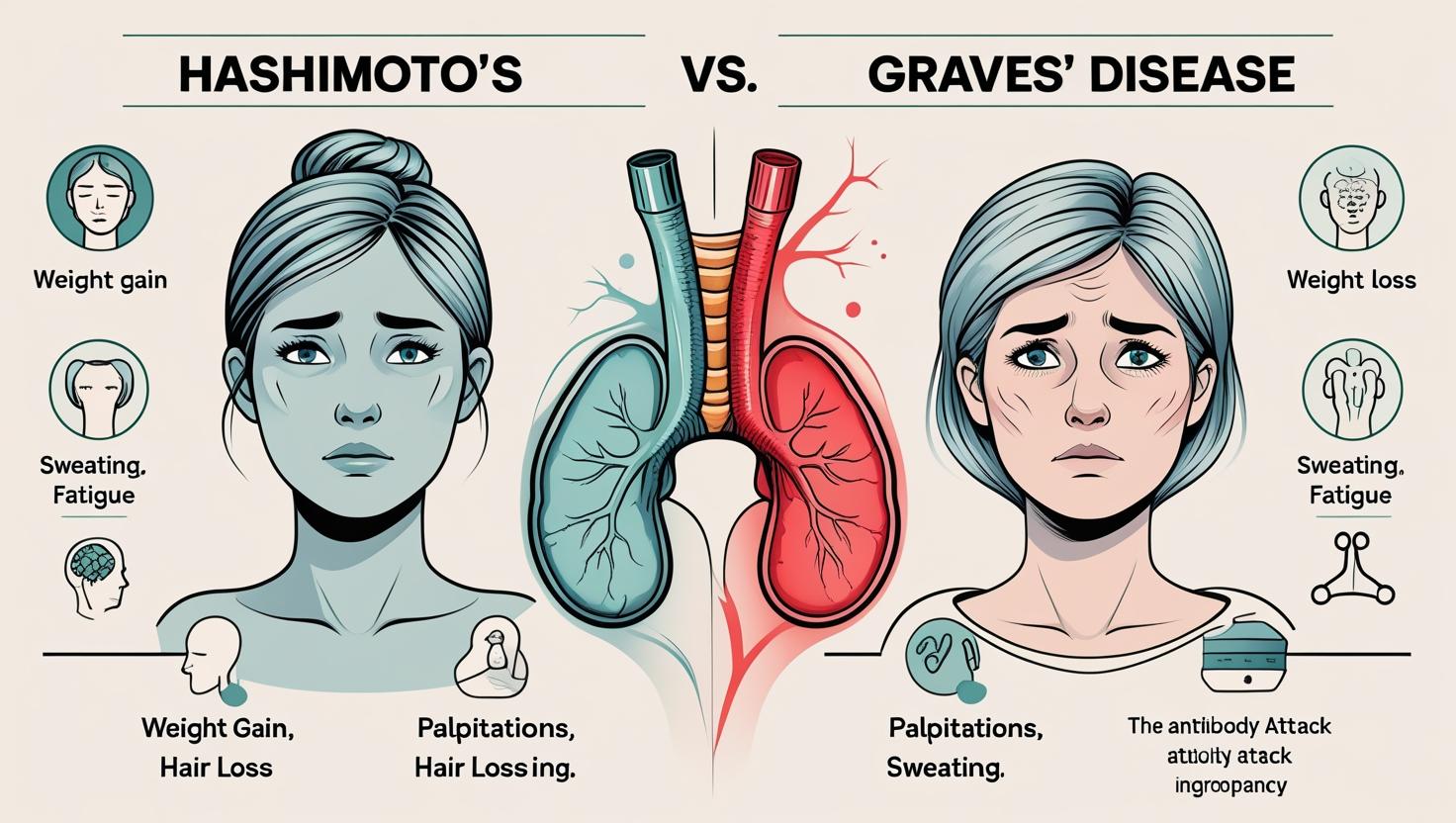 Comparative infographic showing Hashimoto’s thyroiditis and Graves’ disease symptoms with a glowing thyroid gland attacked by antibodies.