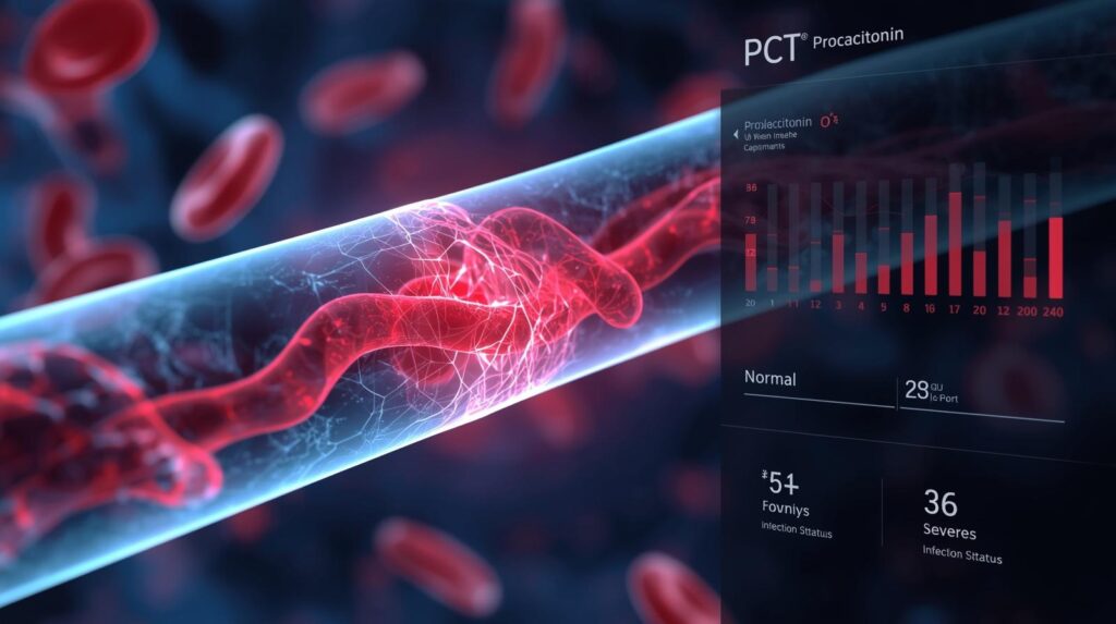 Procalcitonin (PCT) blood test sample in a modern laboratory with digital infection marker levels for detecting bacterial infections and sepsis