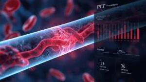 Procalcitonin (PCT) blood test sample in a modern laboratory with digital infection marker levels for detecting bacterial infections and sepsis