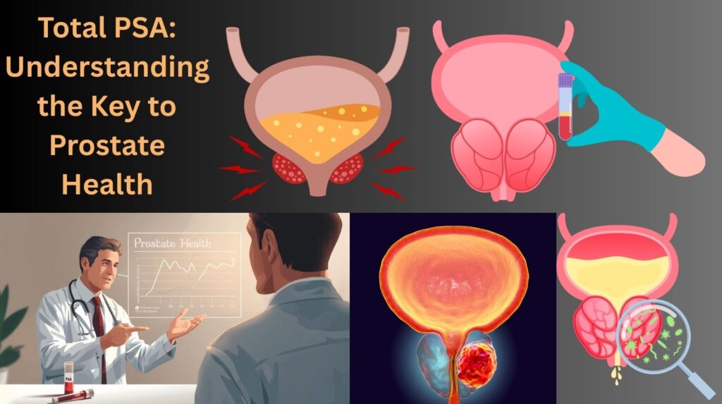 Doctor explaining Total PSA blood test results to a patient in a clinical setting, highlighting prostate health and early detection.