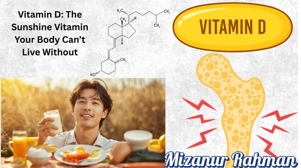 Person enjoying sunlight with Vitamin D-rich foods like salmon, eggs, and milk for strong bones and immunity"